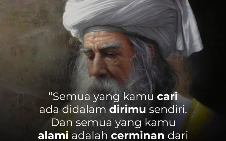 Grafis kutipan bijak dari Maulana Jalaluddin Rumi mengenai pencarian diri dan cerminan kehidupan